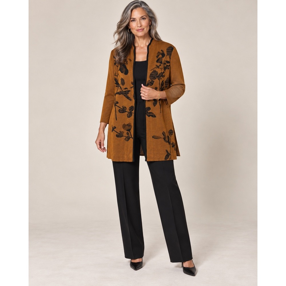 Ming Wang Floral Jacquard Long Open Cardigan Jacket L Brown Black